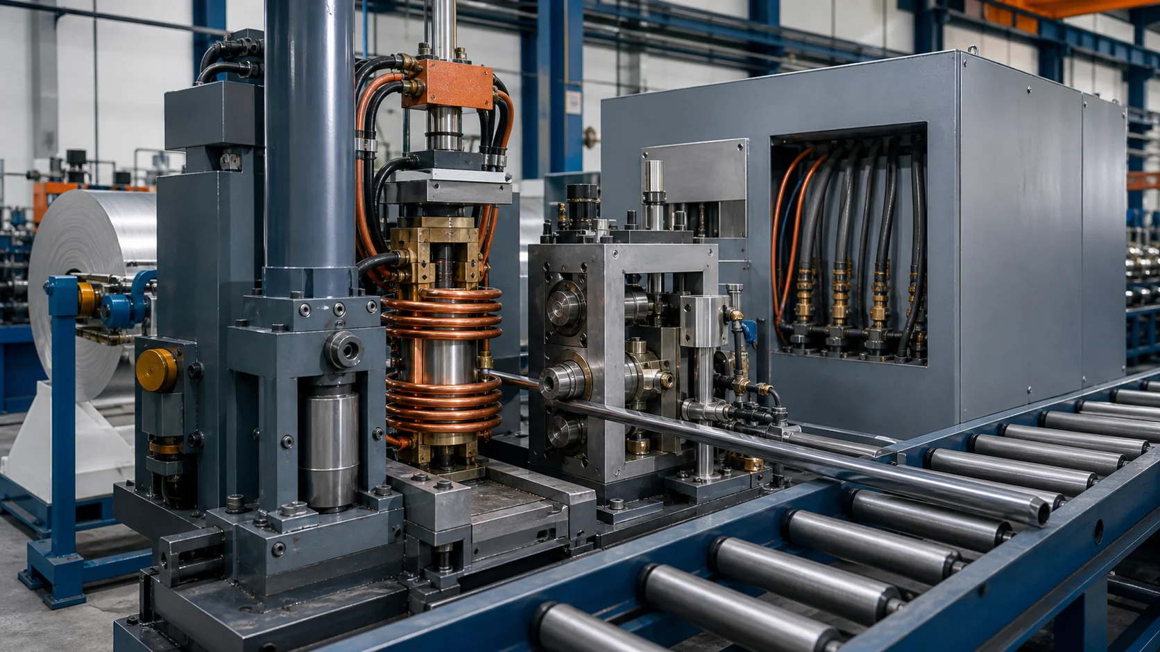 High frequency welding section in an ERW tube mill