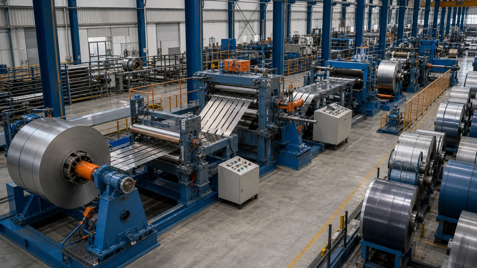 Steel coil slitting line with uncoiler slitter and recoiler sections
