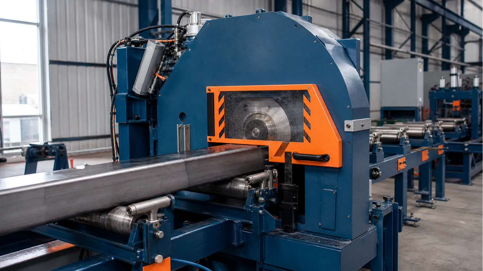 Cold saw cut-off system for welded steel tube