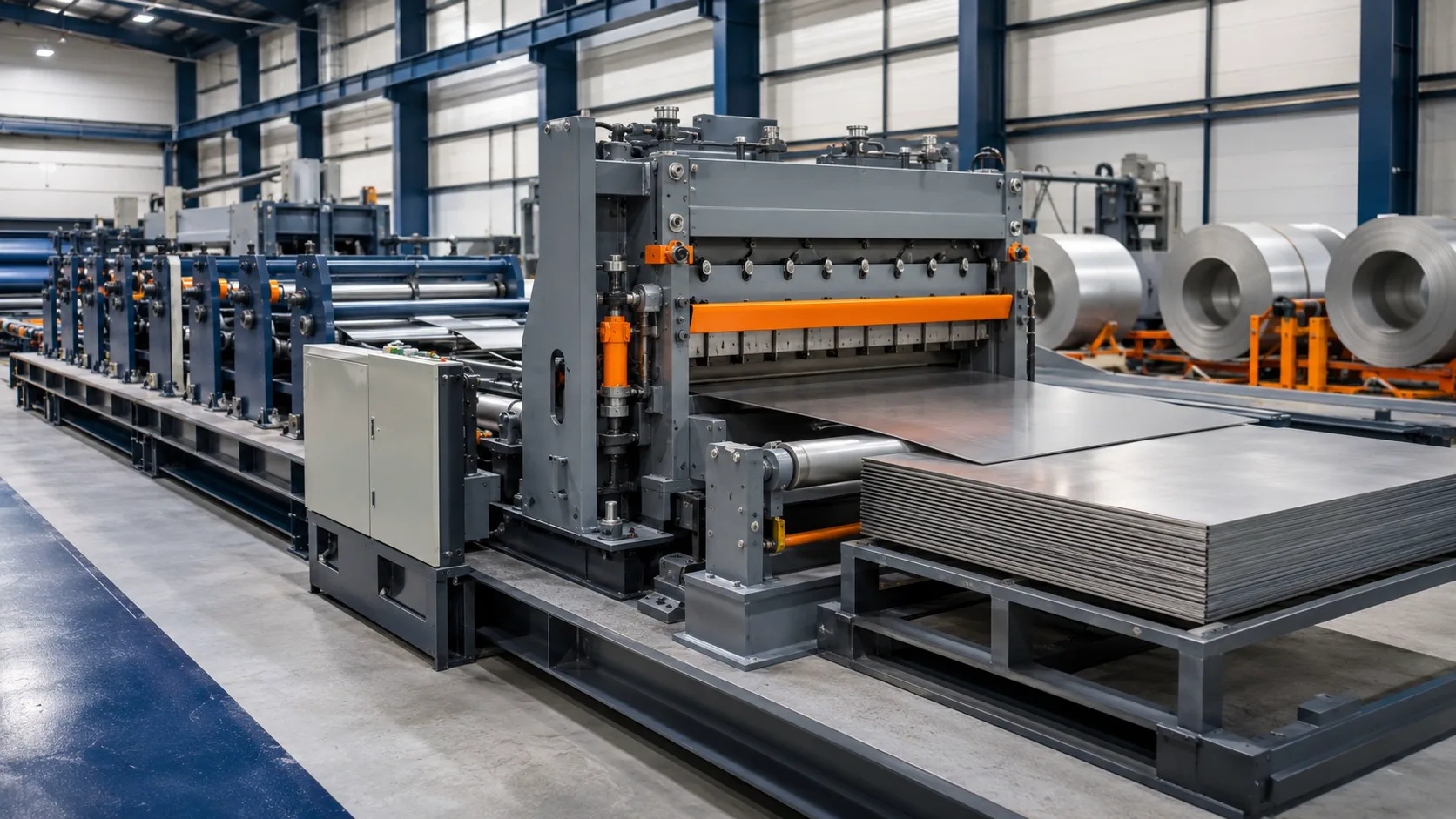 Steel sheet leveling and stacking section of a cut to length line