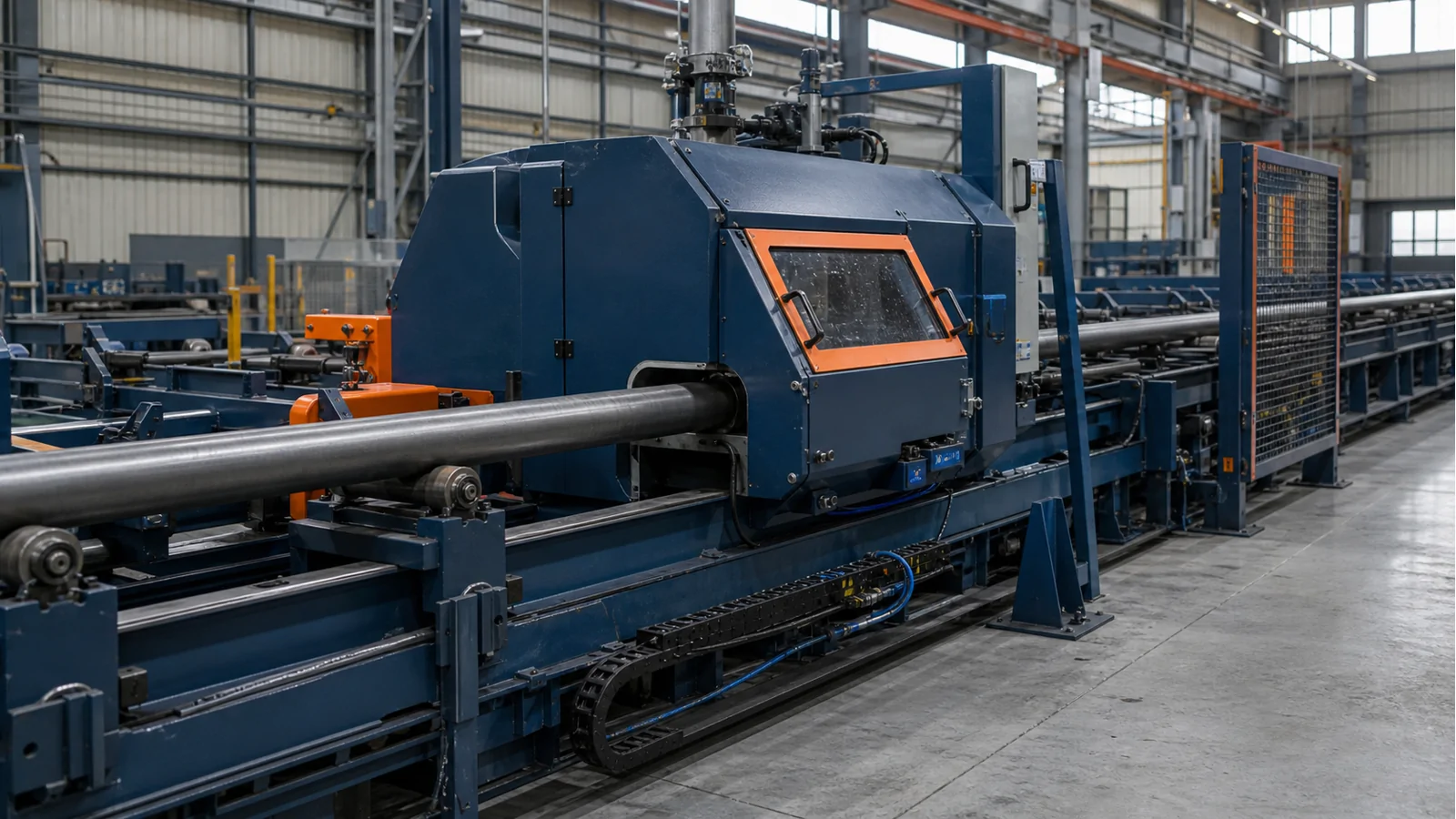Flying saw cut-off machine for a welded tube mill