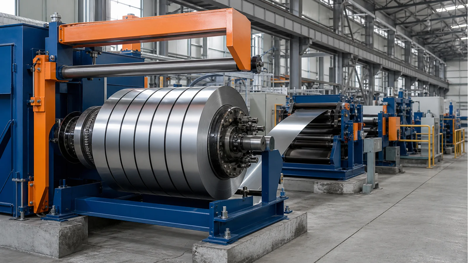Slitting line recoiler winding separated steel strips into slit coils