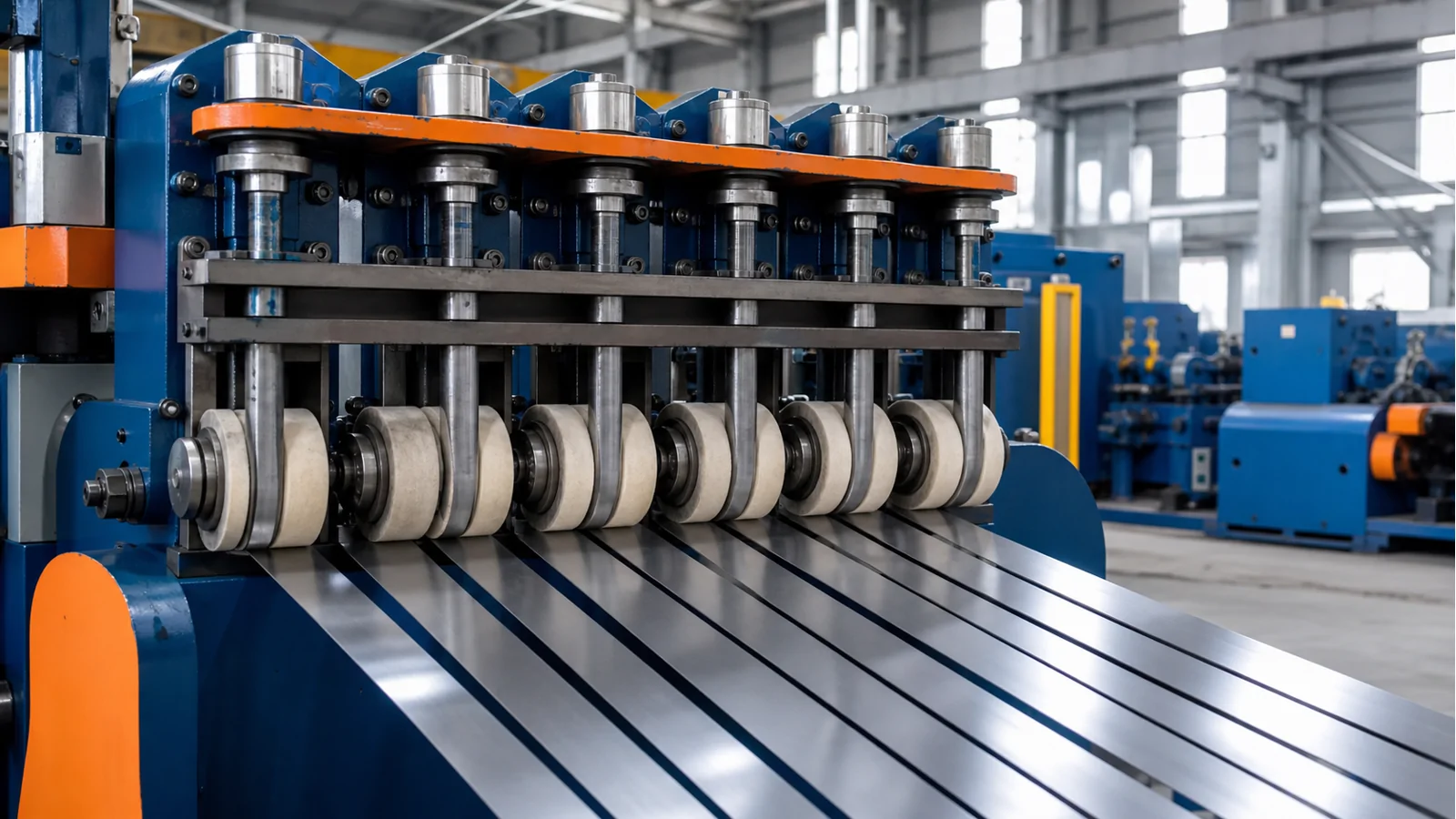 Slitting line tension stand guiding multiple steel strips before recoiling