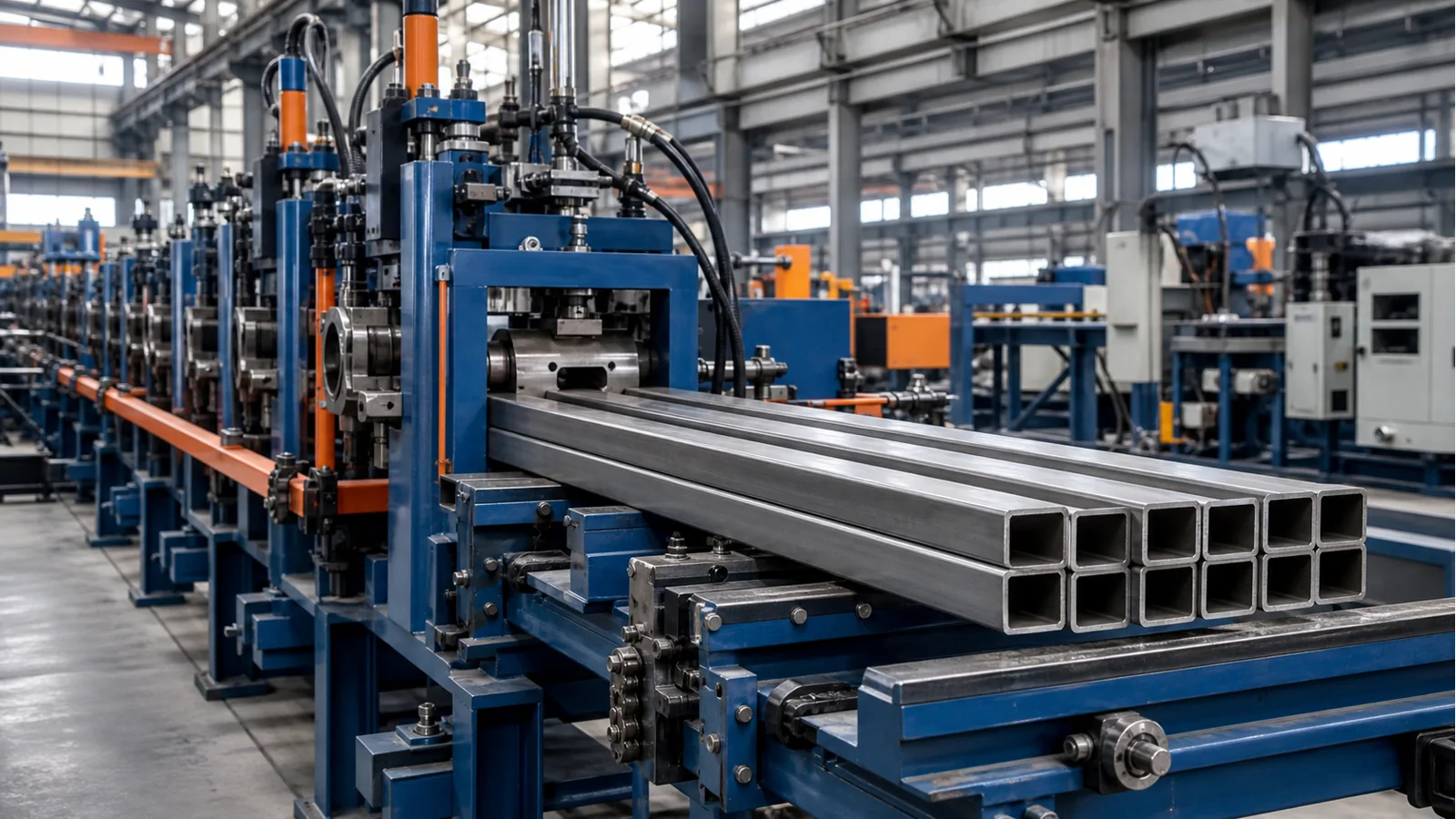 Square and rectangular steel tube output from a tube mill line
