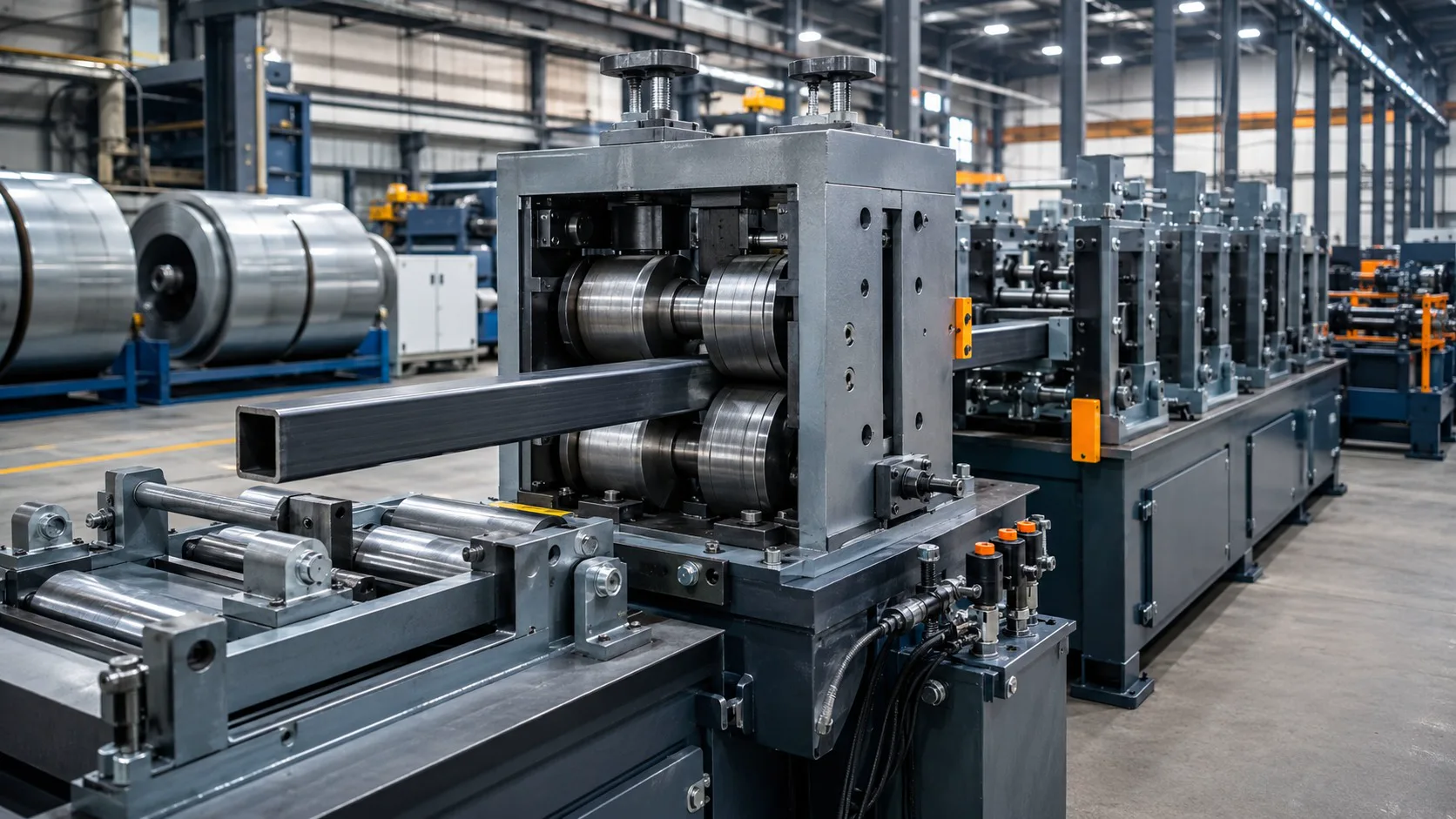 Round-to-square forming process in a square tube mill