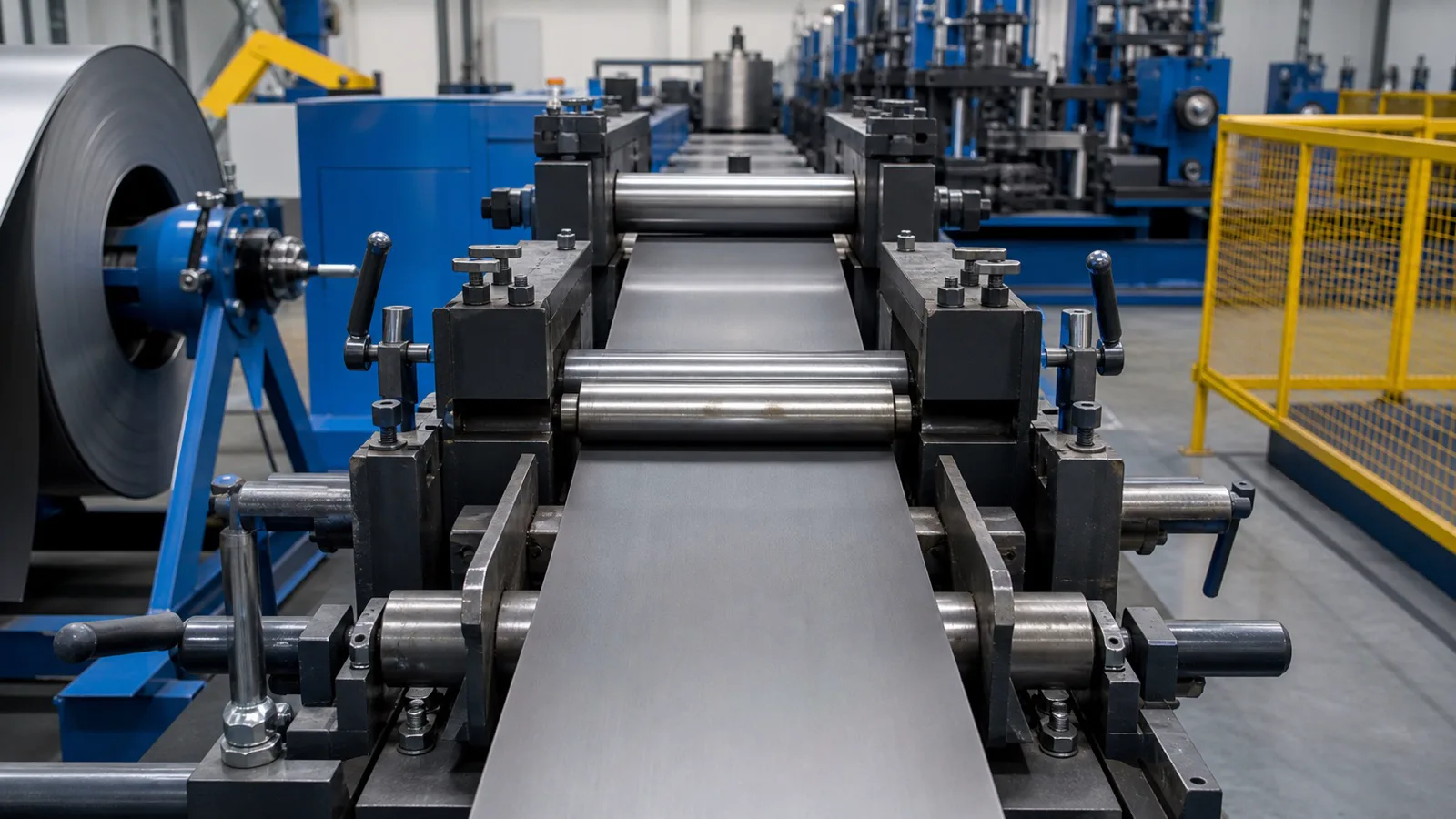 Steel strip feeding and preparation for welded pipe production