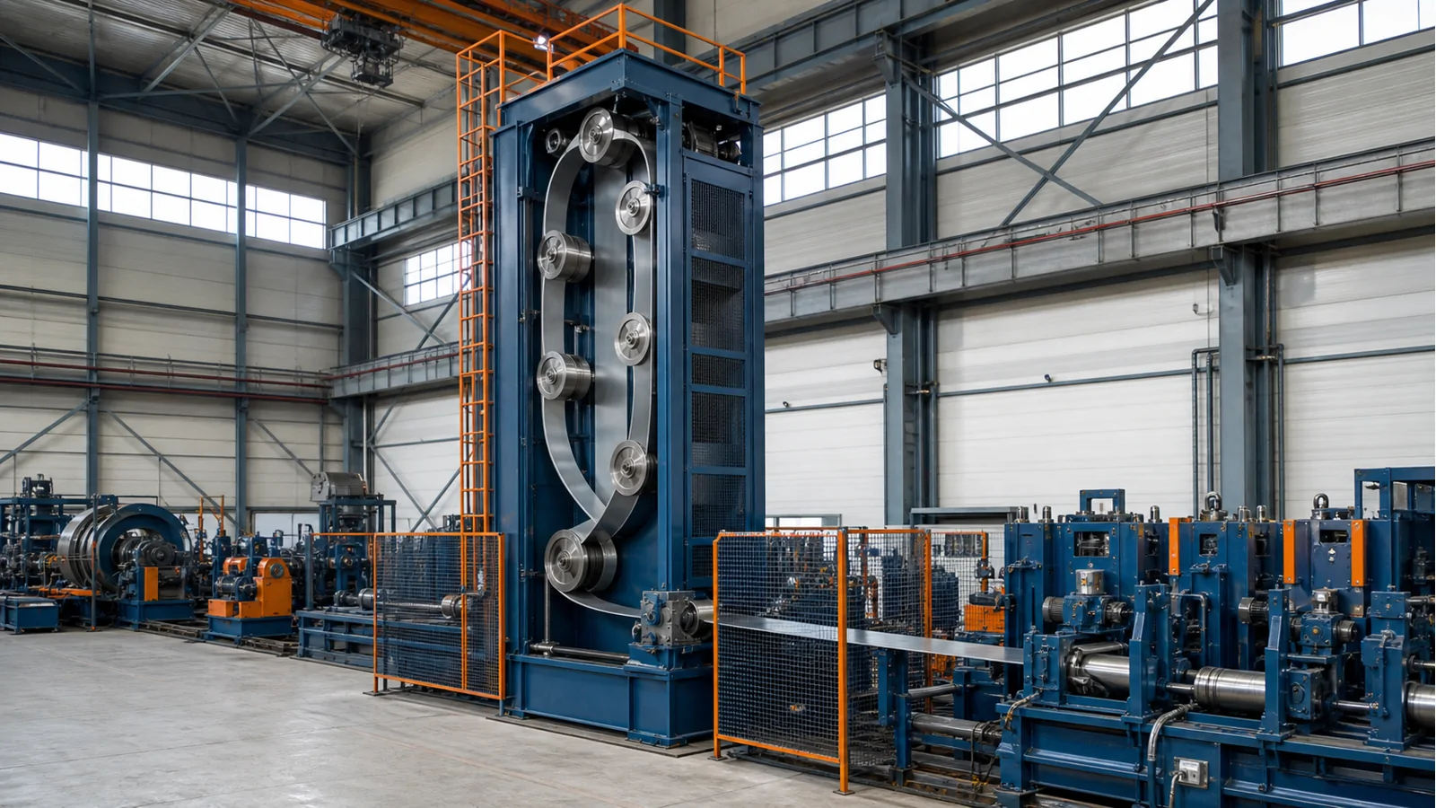 Vertical strip accumulator for a welded tube mill line